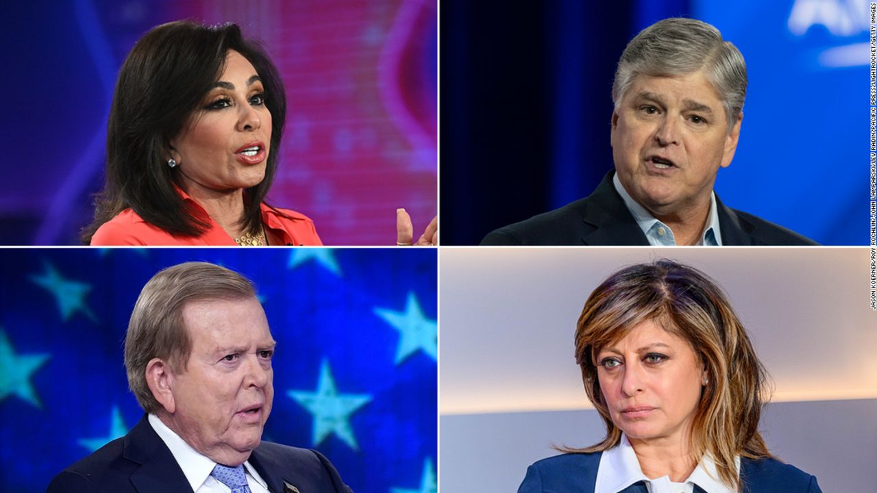 Left to right, clockwise: Jeanine Pirro, Sean Hannity, Maria Bartiromo, Lou Dobbs.