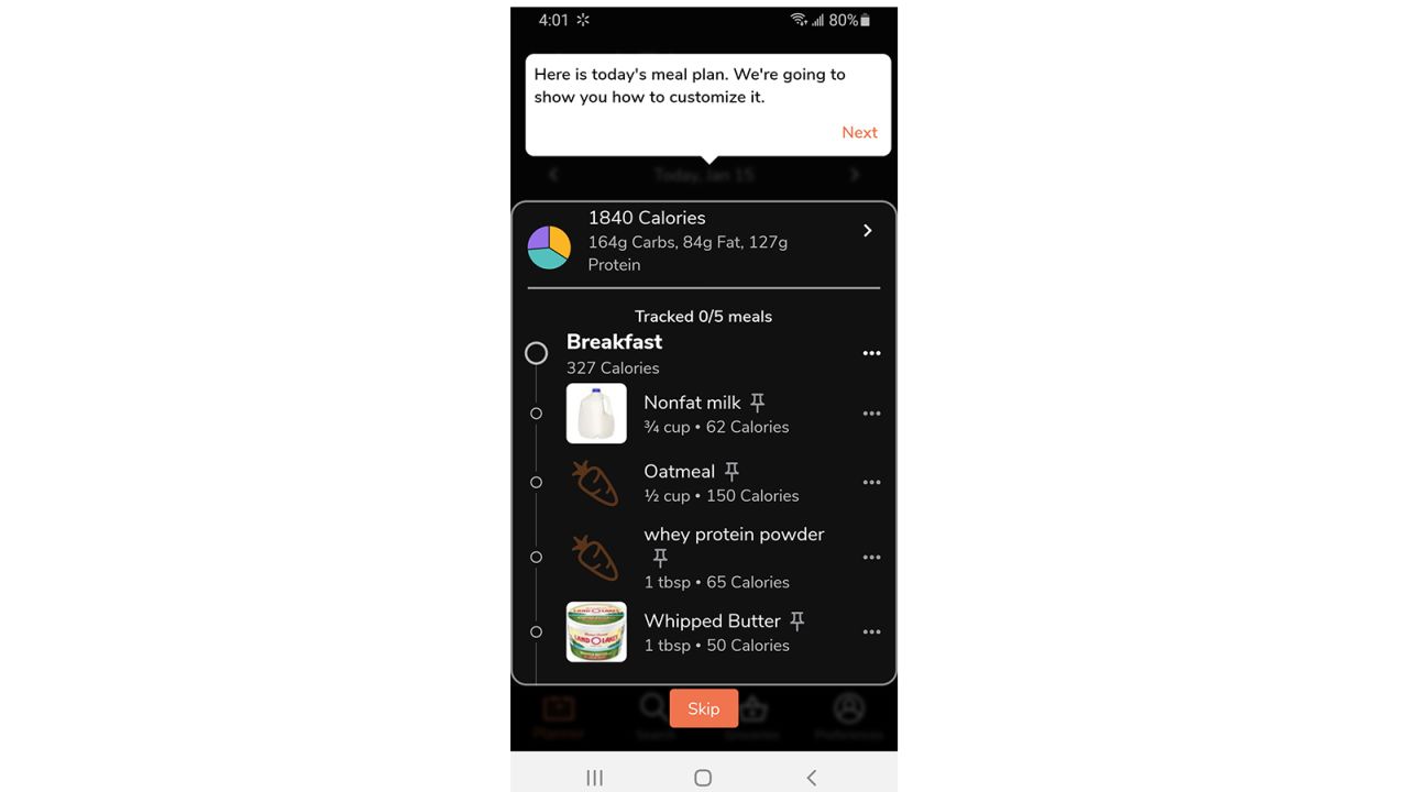 The Eat This Much meal planning app offers the best online help and customer support of the apps we tested. Here you are shown a meal plan and how to customize it.