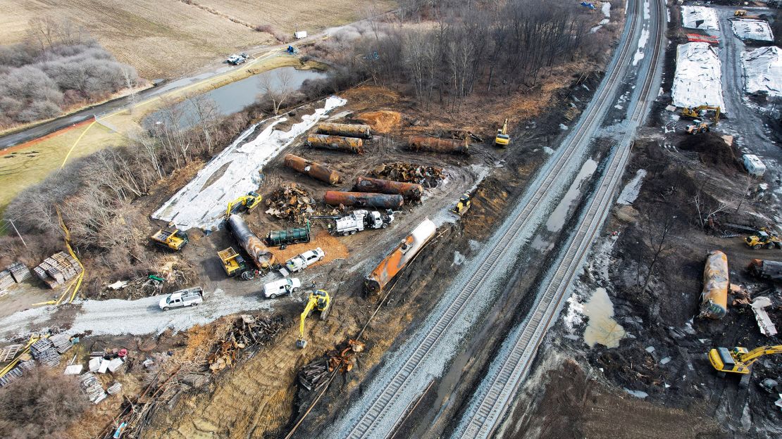 Wreckage from the toxic train wreck in East Palestine, Ohio, is seen Thursday.