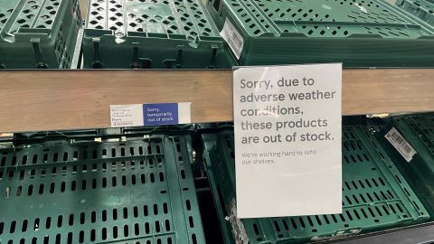 Empty shelves are seen in the fruit and vegetable aisles of a Tesco supermarket on February 22, 2023 in Burgess Hill, United Kingdom. Photo by Jane Sherwood/Getty Images. 