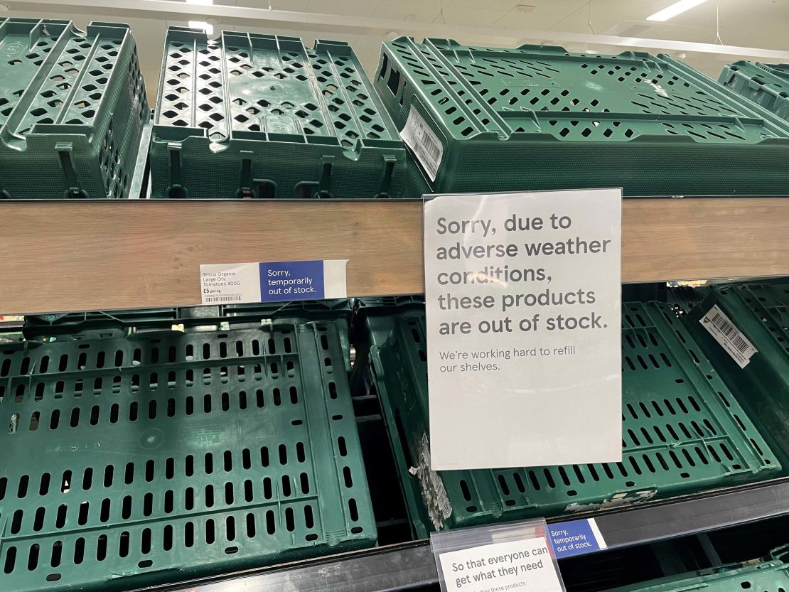 Empty shelves are seen in the fruit and vegetable aisles of a Tesco supermarket on February 22, 2023 in Burgess Hill, United Kingdom. Photo by Jane Sherwood/Getty Images. 