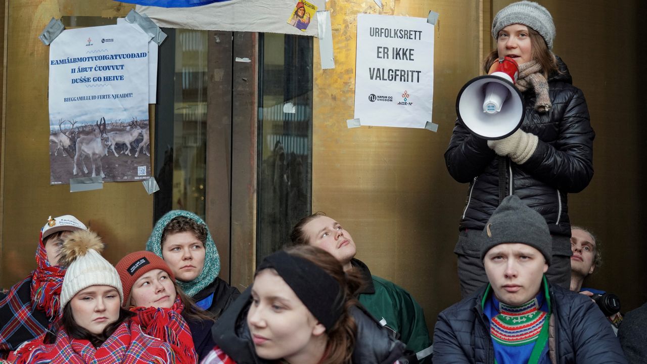 Greta Thunberg joins a demonstration in Oslo with Indigenous and environmental protestors.