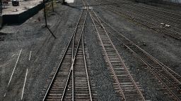 Empty railroad tracks stand at the CSX Oak Point Yard, a freight railroad yard on October 11, 2022 in the Bronx borough of New York City. 