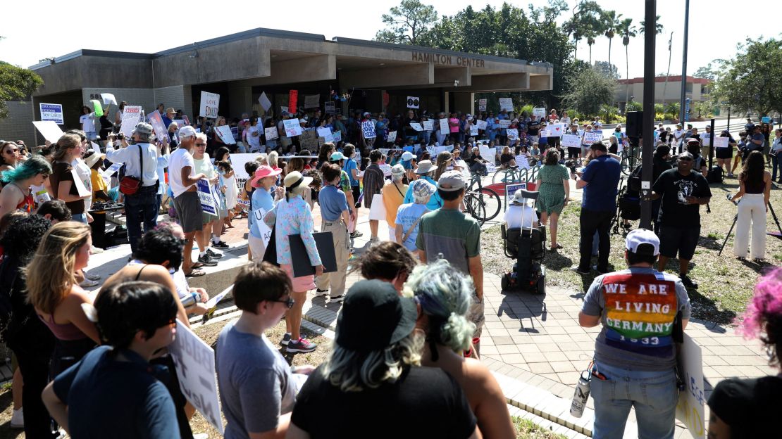 Students from New College of Florida stage a rally on Tuesday.