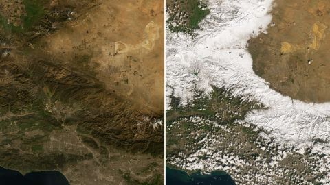 An image (right) of snow blanketing much of the San Gabriel Mountains in areas north of Los Angeles is seen on February 26, 2023 and the other image (left) shows the same area on February 10, 2023, before the storm.