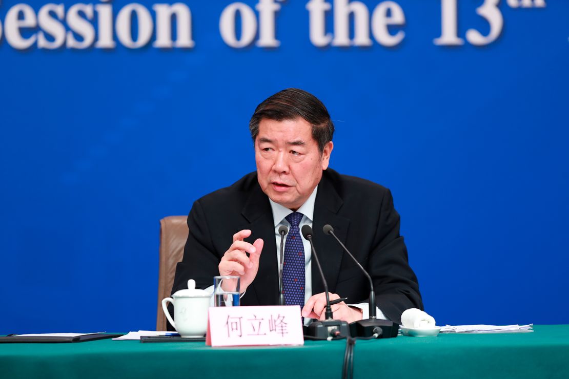 He Lifeng addresses a press conference in Beijing in March 2019. 