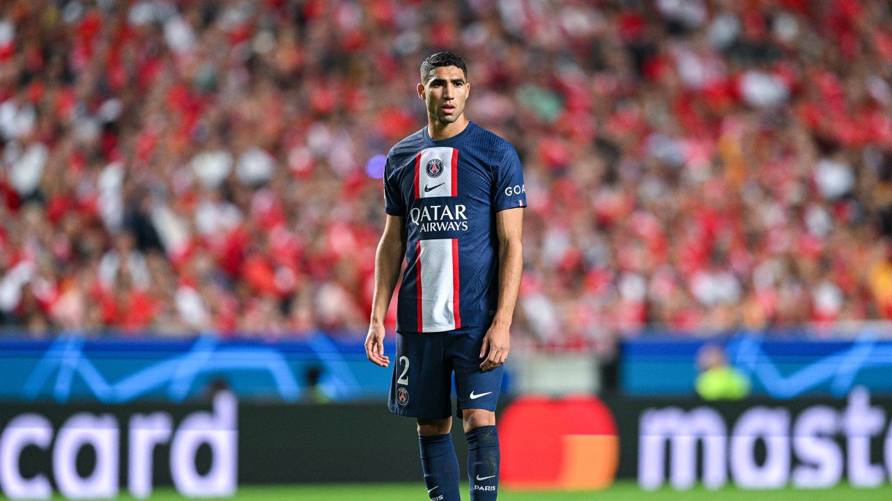 Achraf Hakimi pictured playing for Paris Saint-Germain on October 5, 2022, in Lisbon, Portugal.