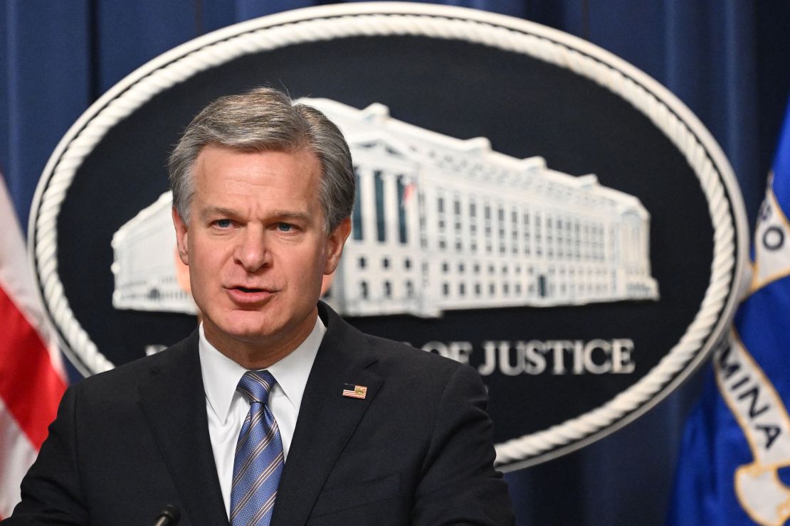 FBI Director Christopher Wray speaks during a press conference on January 26, 2023.