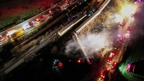 The site of a crash, where two trains collided, is seen near the city of Larissa, Greece, March 1, 2023.