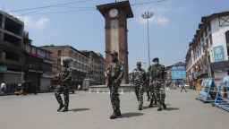 Paramilitary soldiers patrol a street during a protest march on June 10, 2022 in Srinagar, India. Other parts of Kashmir also observed shutdown over the controversial remarks by two now-suspended BJP leaders against Islam's holy prophet Mohammad, while authorities blocked mobile internet as a precautionary measure.