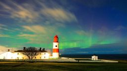 Mandatory Credit: Photo by Story Picture Agency/Shutterstock (13786371a)
The Northern Lights, Aurora Borealis, are seen in the late hours of Monday evening above Souter lighthouse in South Shields. The two day spectacle was seen as far south as Cornwall however it was cloudy for most last night. 
Credit: Lewis Brown / Story Picture Agency
Northern Lights for second night in a row, South Shields, UK - 27 Feb 2023