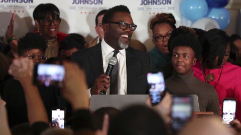 Cook County Commissioner and Chicago mayoral candidate, Brandon Johnson speaks with supporters after forcing a mayoral runoff election during his election night gathering on Tuesday, Feb. 28, 2023, in Chicago. 