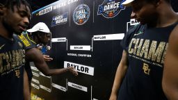 Jonathan Tchamwa Tchatchoua #23 of the Baylor Bears completes the bracket after defeating the Gonzaga Bulldogs 86-70 in the National Championship game of the 2021 NCAA Men's Basketball Tournament at Lucas Oil Stadium on April 05, 2021, in Indianapolis, Indiana.