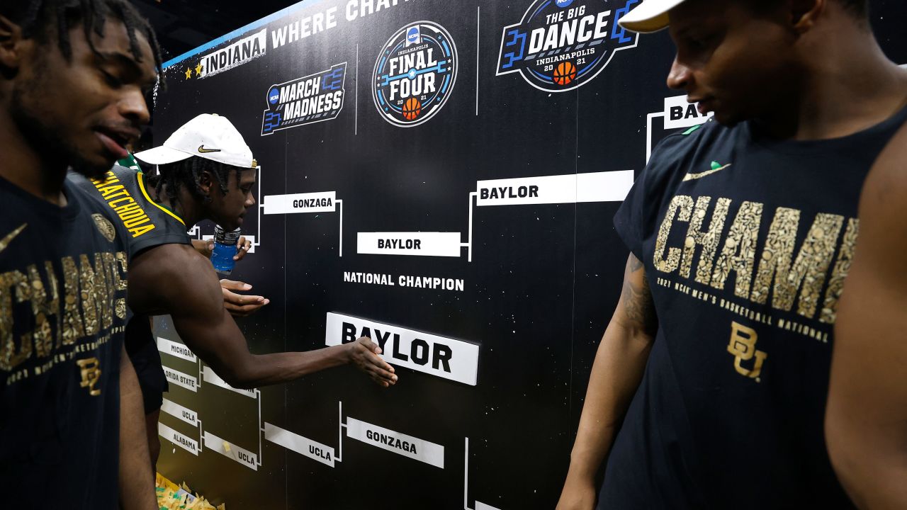 Jonathan Tchamwa Tchatchoua of the Baylor Bears completes the bracket after defeating the Gonzaga Bulldogs in the 2021 National Championship game.