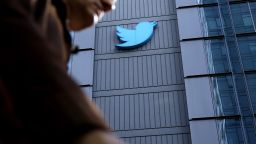 The Twitter logo is displayed on the exterior of Twitter headquarters on October 26, 2022 in San Francisco, California.
