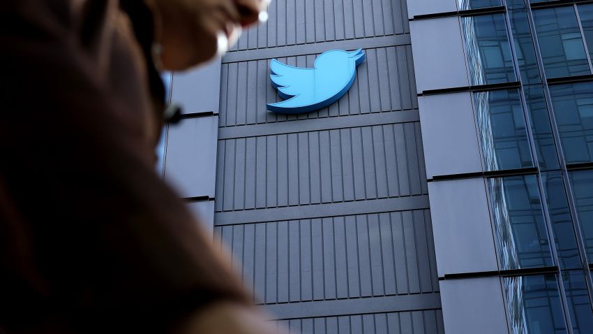 The Twitter logo is displayed on the exterior of Twitter headquarters on October 26, 2022 in San Francisco, California.