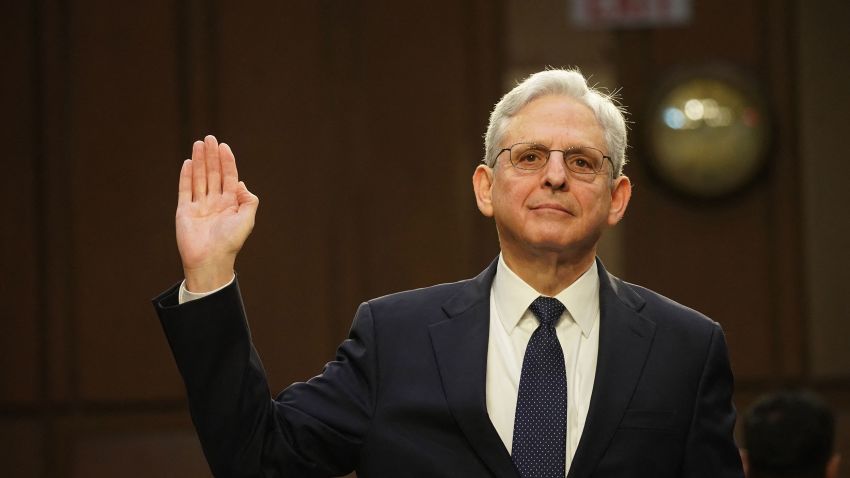 US Attorney General Merrick Garland is sworn in before testifying at a US Senate Judiciary Committee oversight hearing to examine the Justice Department, in Washington, DC, March 1, 2023. 