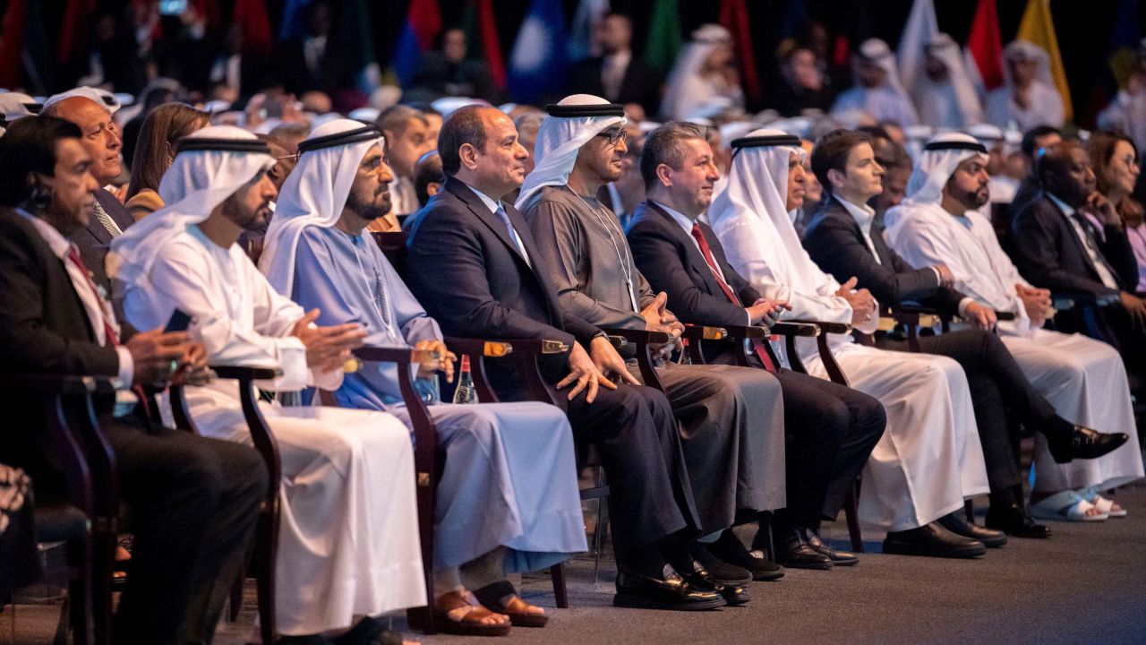 Egyptian President Abdel Fattah el-Sisi sits next to United Arab Emirates President Sheikh Mohamed bin Zayed Al Nahyan and other UAE officials at the World Government Summit 2023, in Dubai, United Arab Emirates, on February 13.  