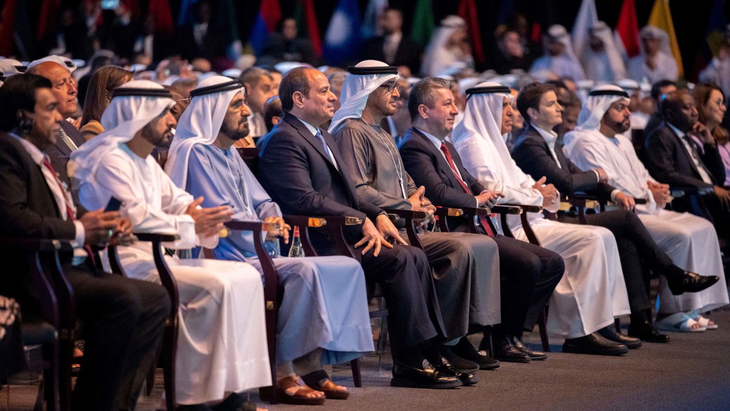 Egyptian President Abdel Fattah el-Sisi sits next to United Arab Emirates President Sheikh Mohamed bin Zayed Al Nahyan and other UAE officials at the World Government Summit 2023, in Dubai, United Arab Emirates, on February 13.  