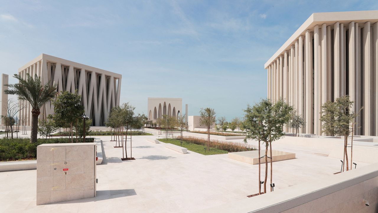 A view shows the exterior of the Abrahamic Family House, an interfaith complex that contains a synagogue, left, a mosque, center, and a church, right, in Abu Dhabi, United Arab Emirates, February 21, 2023. REUTERS/Amr Alfiky