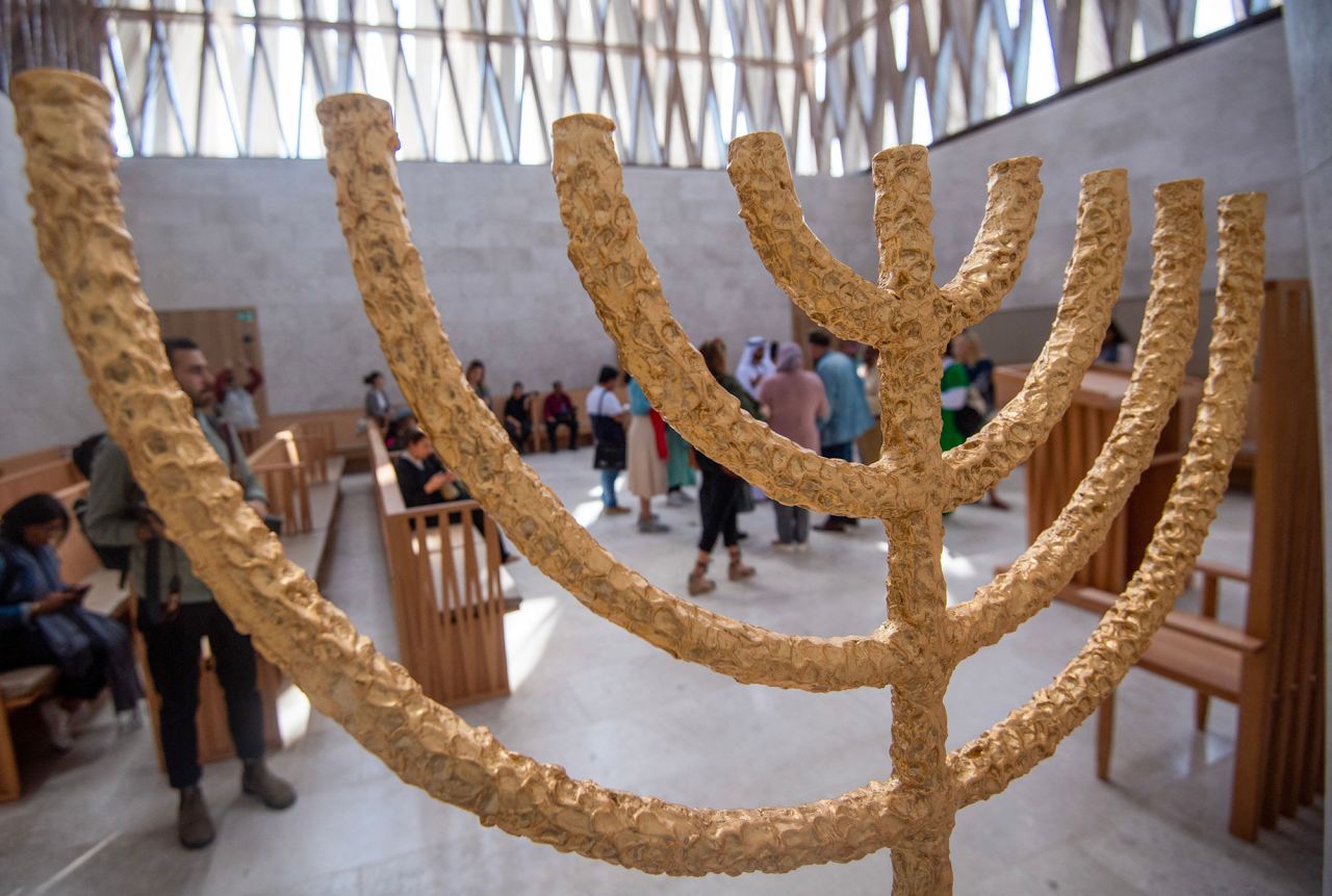 Members of the media visit the Moses Ben Maimon Synagogue during a tour at the Abrahamic Family House in Abu Dhabi on February 21.