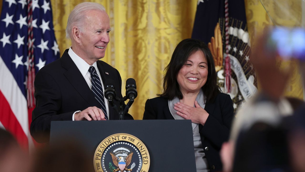 WASHINGTON, DC - MARCH 01: U.S. President Joe Biden announces Julie Su as his nominee to be the next Secretary of Labor during an event in the East Room of the White House March 1, 2023 in Washington, DC. Su will replace the current Secretary of Labor, Marty Walsh.  