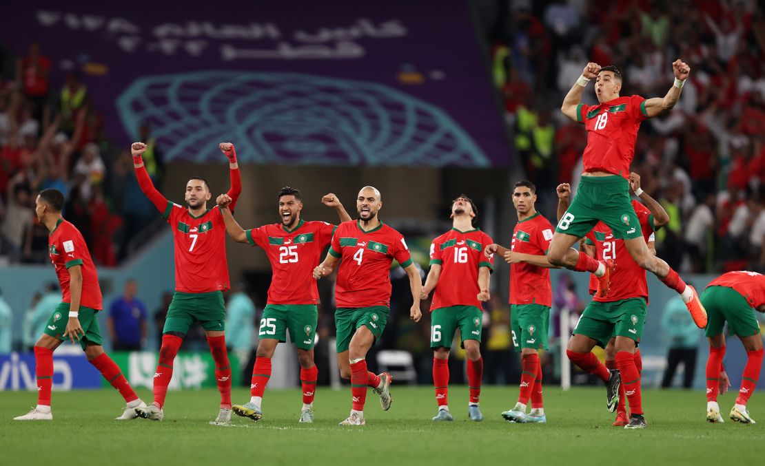 The Moroccan team gathered together for a prayer before going on to beat Spain in their penalty shootout.