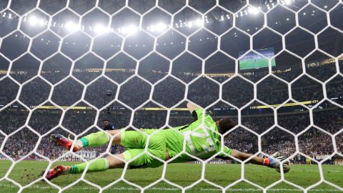 Aurelien Tchouameni  misses France's third penalty in the World Cup final.