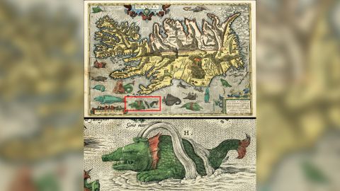 Ortelius' 1658 map of Iceland showing various mythological sea creatures.  Below is a detail of a sea creature labeled H, 