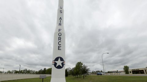 File photo showing a retired Minuteman 1 missile stands at the main entrance to Minot Air Force Base, North Dakota.