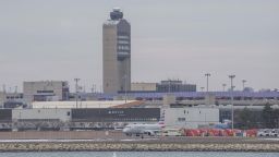 A photo taken in March 2019 shows the air traffic control tower at Boston Logan Airport in Boston, Massachusetts.