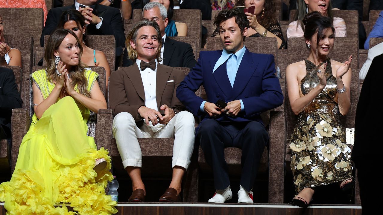 (From left) Olivia Wilde, Chris Pine, Harry Styles and Gemma Chan at the Venice Film Festival in 2022.