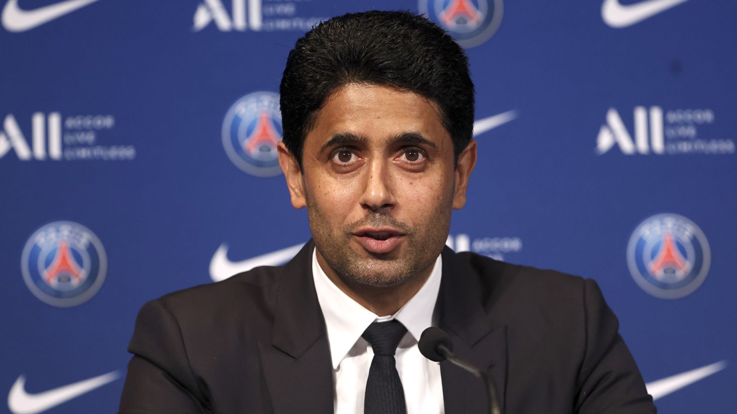 President of PSG Nasser Al-Khelaifi during a press conference on May 23, 2022, in Paris, France.