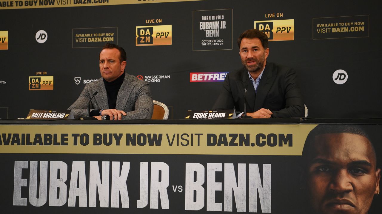 Eddie Hearn, boxing promoter of Matchroom boxing, speaks at the press conference ahead of Benn's scheduled fight with Eubank Jr.
