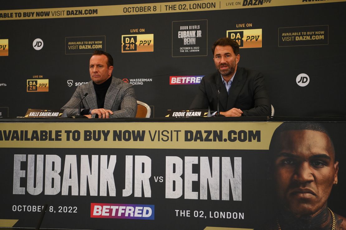 Eddie Hearn, boxing promoter of Matchroom boxing, speaks at the press conference ahead of Benn's scheduled fight with Eubank Jr.