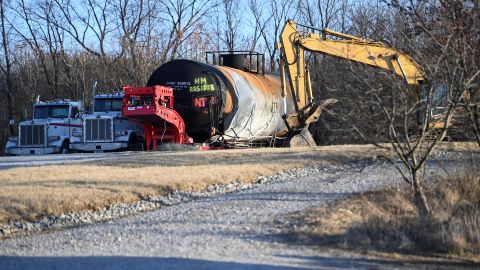 A burnt container is seen on February 15, 2023, at the site where toxic chemicals were spilled following the train derailment.