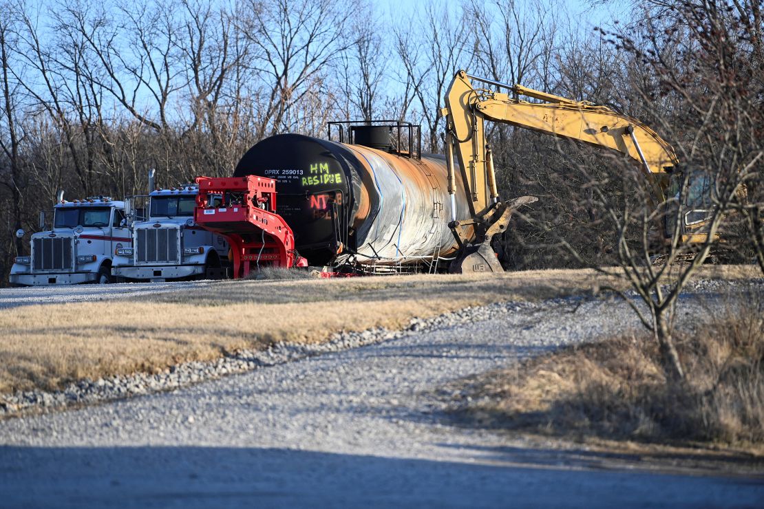 A burnt container is seen on February 15, 2023, at the site where toxic chemicals were spilled following the train derailment.