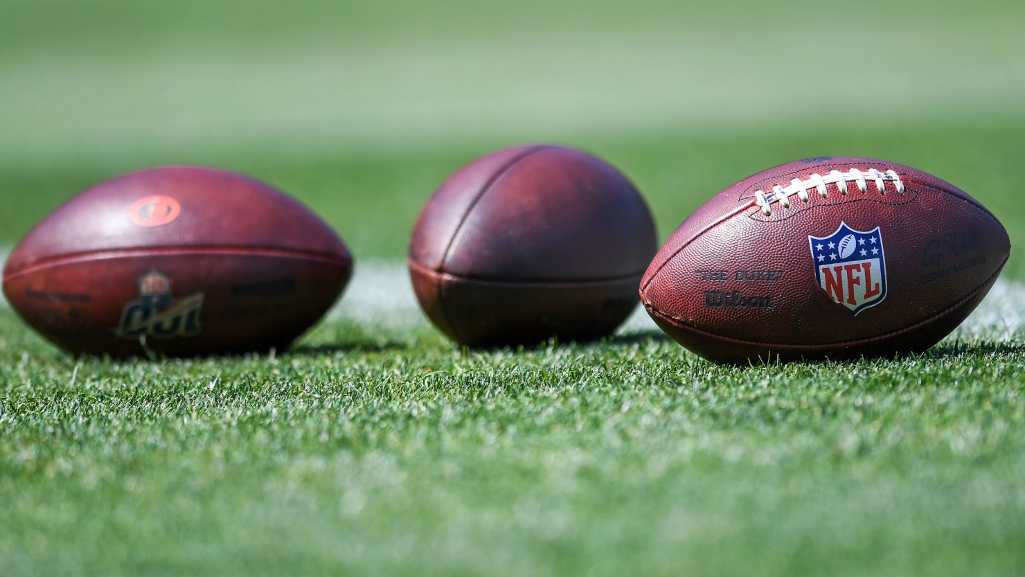 A view of NFL footballs during the Cleveland Browns offseason workout at CrossCountry Mortgage Campus on June 1, 2022, in Berea, Ohio.