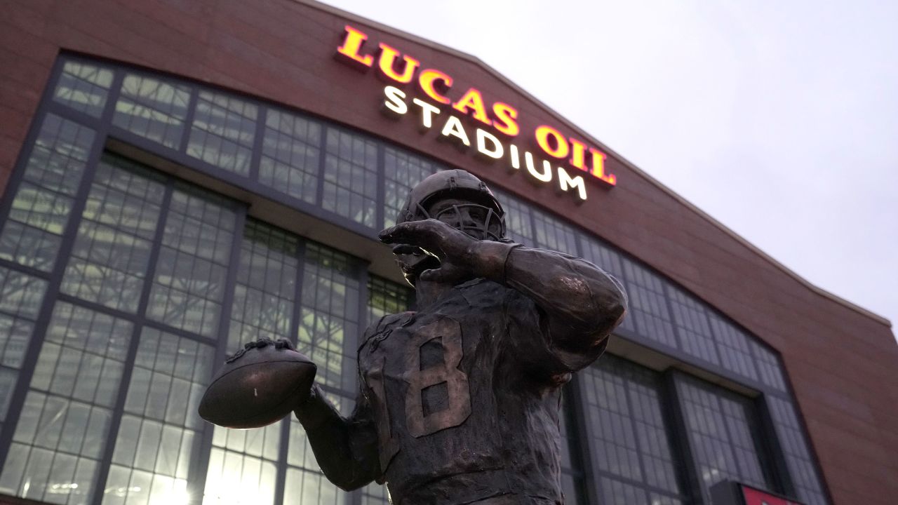 A statue of former Indianapolis Colts quarterback Peyton Manning at Lucas Oil Stadium. 
