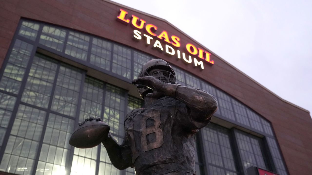 A statue of former Indianapolis Colts quarterback Peyton Manning at Lucas Oil Stadium.