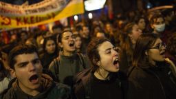 ATHENS, GREECE - MARCH 01: Protesters outside of the offices of the Hellenic Train company during a demonstration  in Athens, Greece on March 01, 2023. Students, youths and left-wing protesters marched in Athens to protest for the deaths of at least 36 people when a passenger train and a cargo train collided in northern Greece. (Photo by Socrates Baltagiannis/Anadolu Agency via Getty Images)