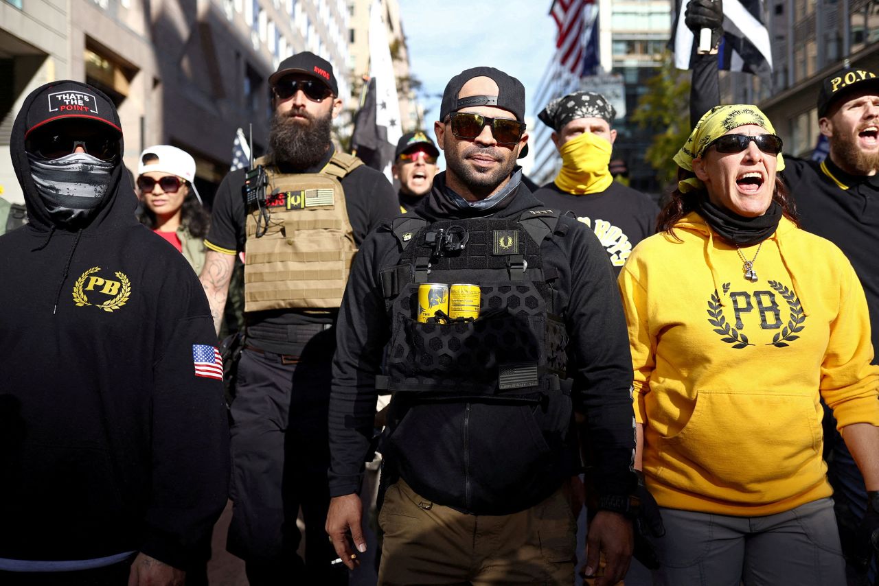 FILE PHOTO: Members of the far-right Proud Boys, including leader Enrique Tarrio (C), rally in support of U.S. President Donald Trump to protest against the results of the 2020 U.S. presidential election, in Washington, U.S. November 14, 2020.