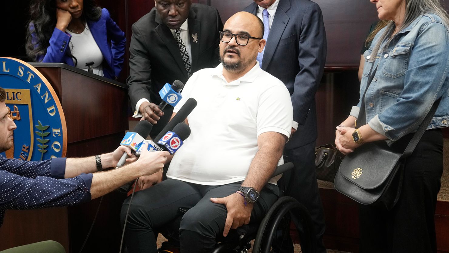 Michael Ortiz speaks at a news conference on Wednesday, March 1, 2023, regarding a lawsuit against police in Hollywood, Florida.