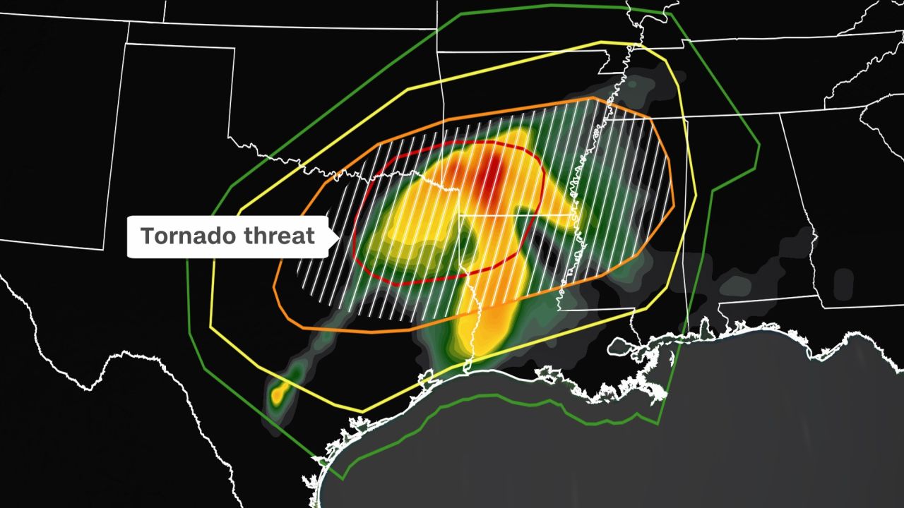 A severe weather outbreak across the South is expected to produce strong tornadoes. The greatest area at risk will be eastern Texas, northern Louisiana, southwestern Arkansas and southeastern Oklahoma.