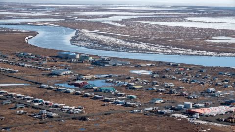 An aerial view of Nuiqsut on the North Slope of Alaska near the proposed Willow oil project, in May 2019.