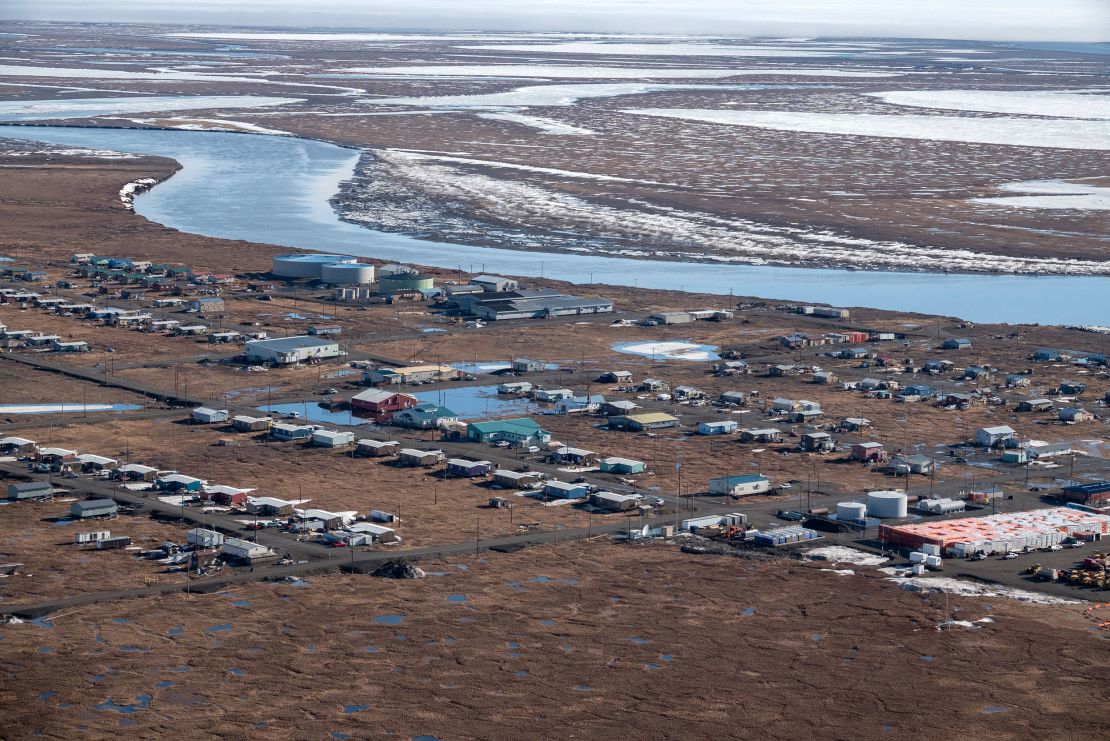 An aerial view of Nuiqsut on the North Slope of Alaska near the proposed Willow oil project, in May 2019.