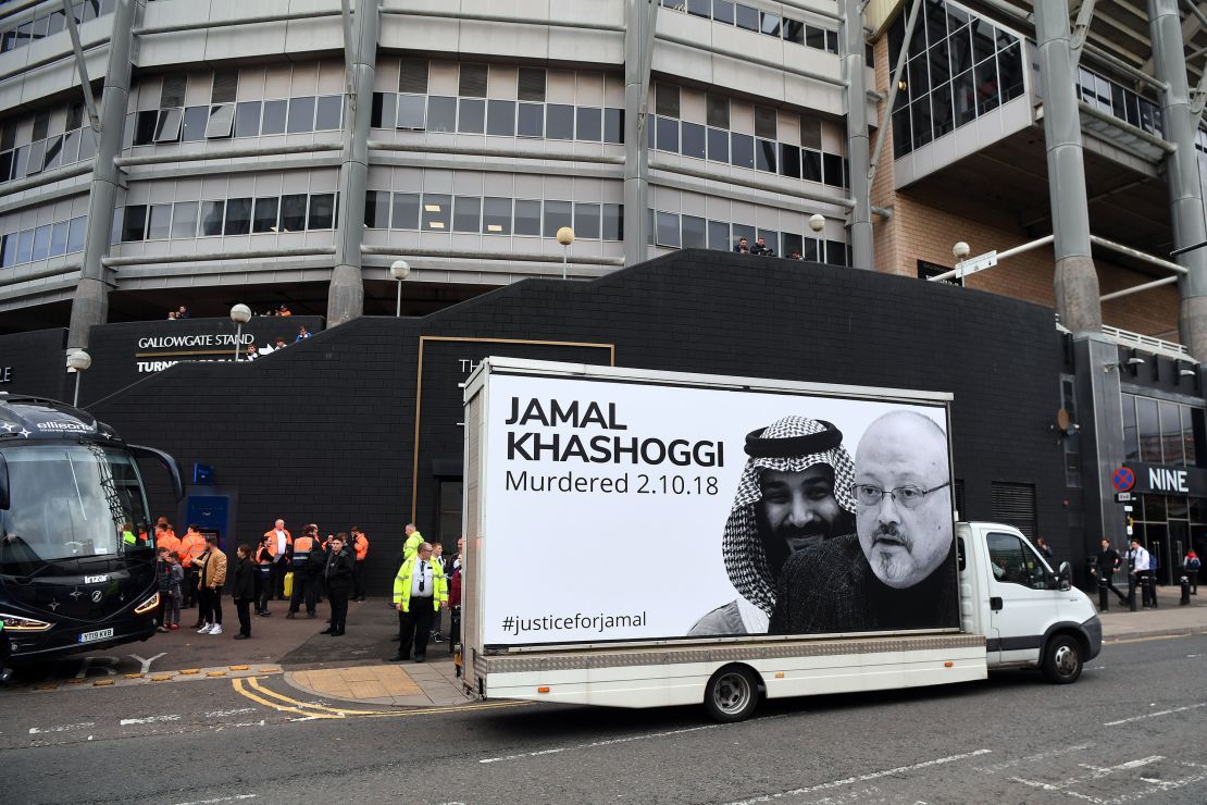 A van protesting against the Saudi Arabian owners of Newcastle United drives past the stadium during the Premier League match between Newcastle United and Tottenham Hotspur at St. James' Park on October 17, 2021.