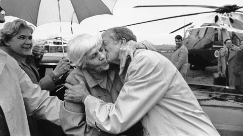 Jimmy Carter gets a hug from his mother Lillian Carter, as he arrives home in Plains, Georgia, on January 20, 1981 -- the day Ronald Reagan succeeded him as president.