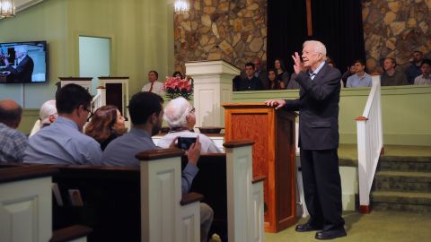 Former  President Carter speaks to the congregation at Maranatha Baptist Church before teaching Sunday school in his hometown of Plains, Georgia, on April 28, 2019. Carter taught Sunday school at the church on a regular basis since leaving the White House in 1981.