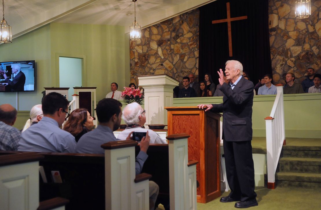 Former  President Carter speaks to the congregation at Maranatha Baptist Church before teaching Sunday school in his hometown of Plains, Georgia, on April 28, 2019. Carter taught Sunday school at the church on a regular basis since leaving the White House in 1981.